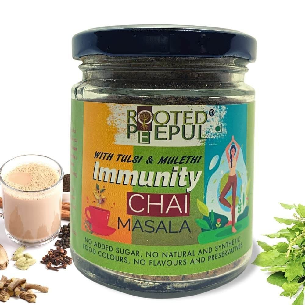 uk6121rRO0uYL-1-1.jpg Rooted Peepul Immunity Chai Masala| With Mulethi and Tulsi| 100% pure and natural ingredients | 75gm - Fast UK Delivery - Image 1