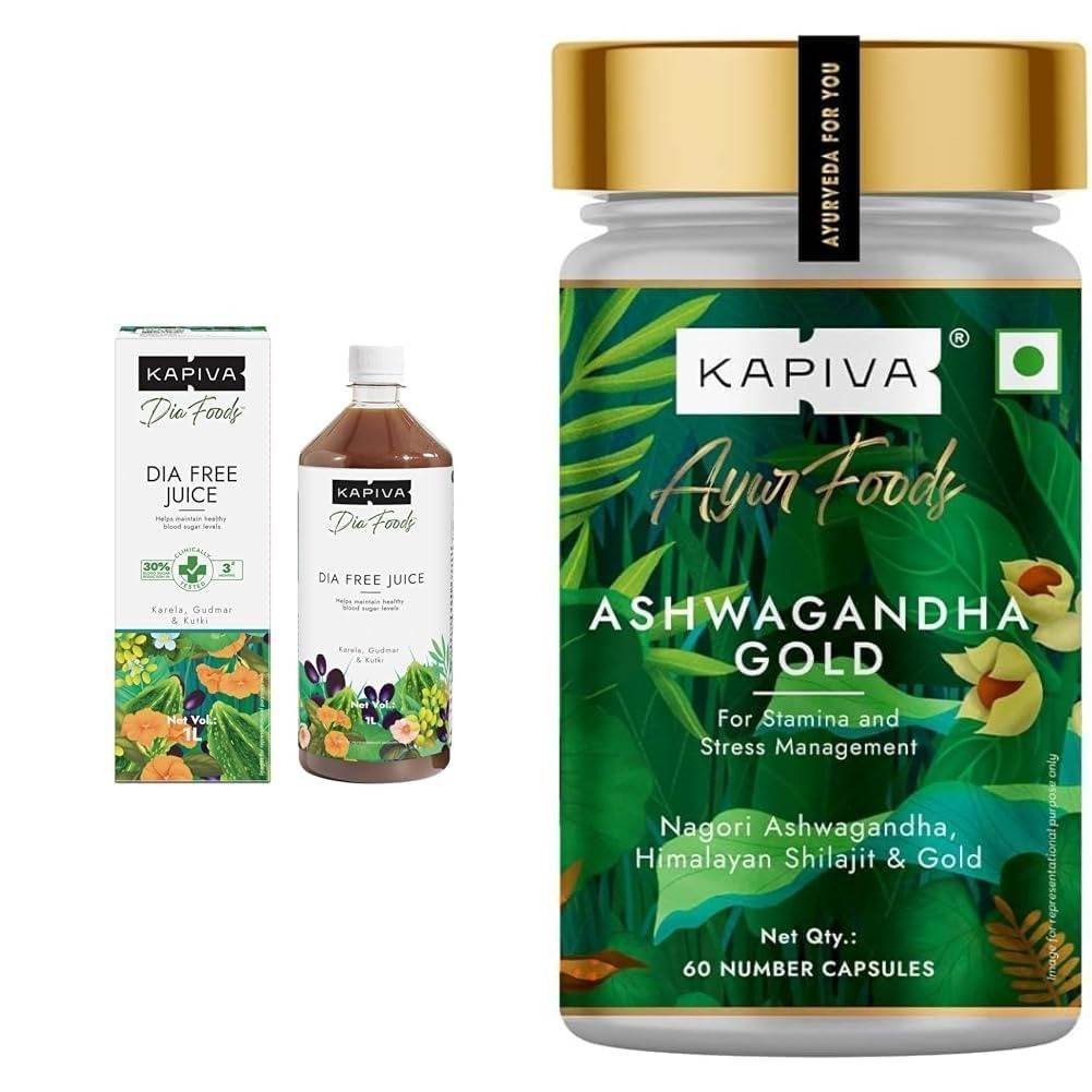 uk6138KM-UKcL-1.jpg Kapiva Dia Free Juice,1L Clinically Proven Blood Sugar Care Amla, Karela, Jamun, Guduchi & 7 More & Kapiva Ashwagandha Gold Capsules, 183rd day harvested Potent Nagori Ashwagandha With Gold(60 Capsules) - Fast UK Delivery - Image 1