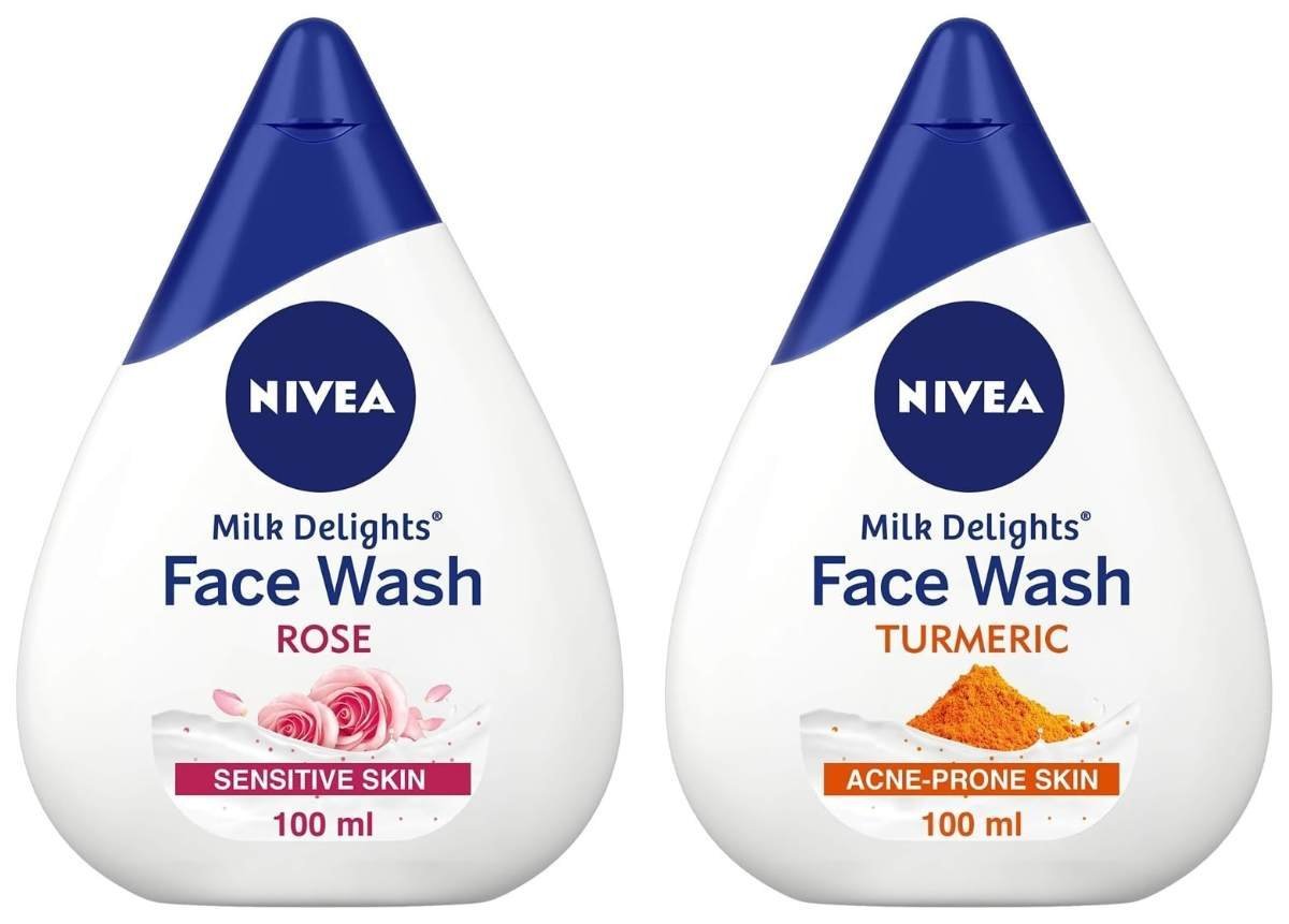 uk613T2YR3vsL-1-1.jpg Nivea Women Face Wash for Acne Prone Skin, Milk Delights Turmeric, Reduces 99.9% Pimple Causing Bacteria, 100 ml & Women Face Wash for Sensitive Skin, Milk Delights Rose, 100 ml - Fast UK Delivery - Image 1