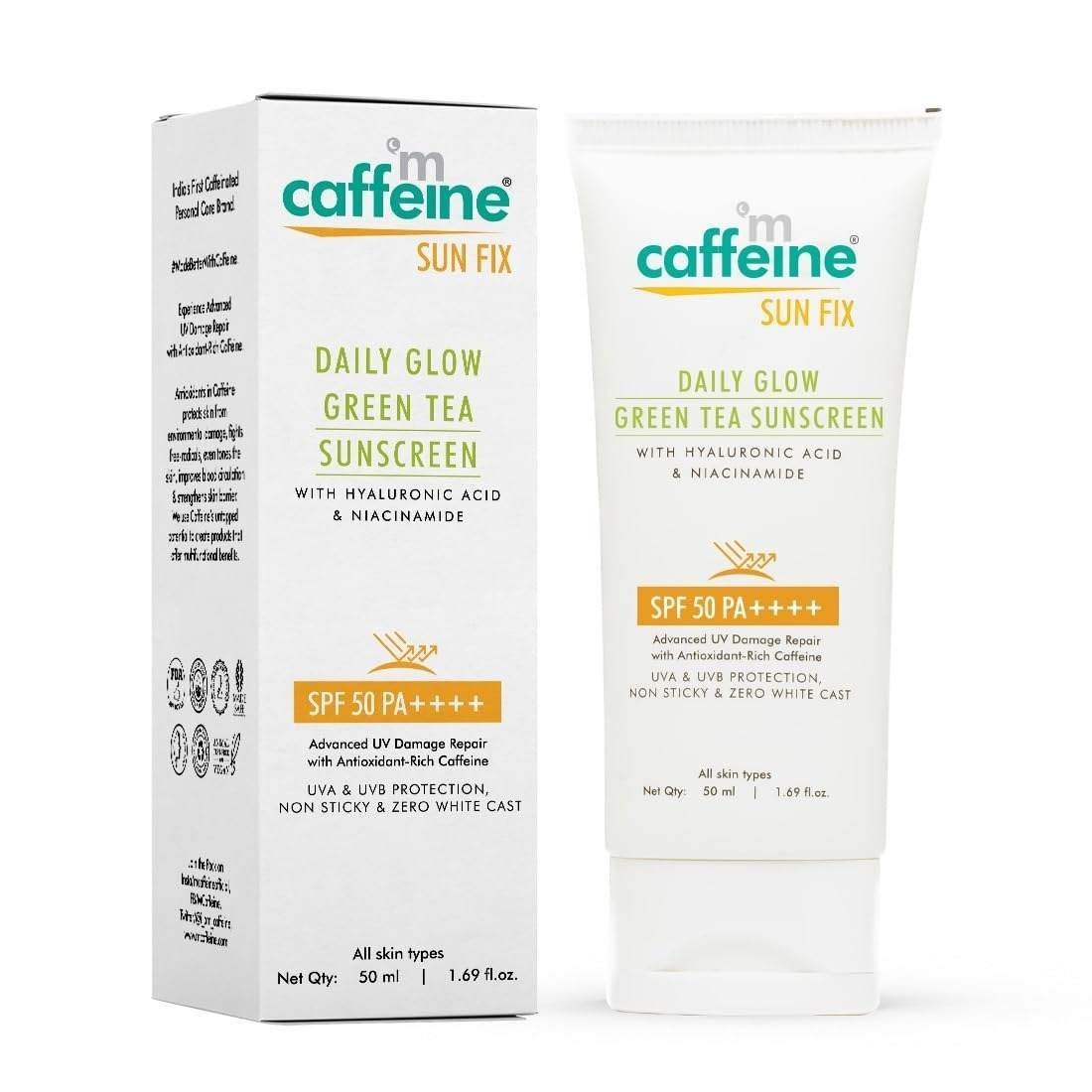 uk613qhlJPO1L-1-1.jpg mCaffeine Niacinamide and Hyaluronic Acid Sunscreen SPF 50++ for Oily Skin | Mattifying, Zero White Care, Water Resistant & Non Sticky Sunscreen for Women & Men | Prevents Tan & UV Damage - 50ml - Fast UK Delivery - Image 1