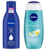 NIVEA Travel Small Pack Combo - (Body Milk 120ml & Frangipani & Oil Body Wash125 ml) - Fast UK Delivery