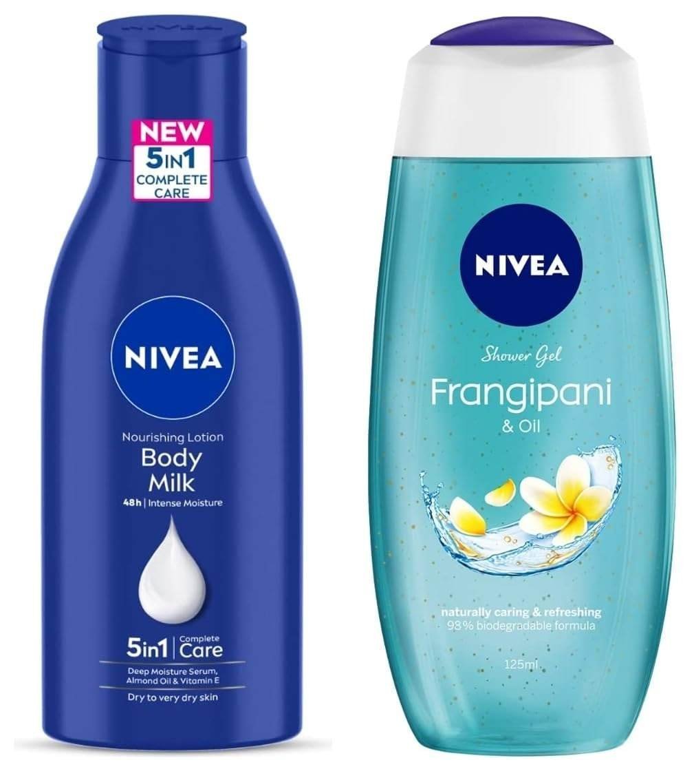 uk615ms-oGgRL-1-1.jpg NIVEA Travel Small Pack Combo - (Body Milk 120ml & Frangipani & Oil Body Wash125 ml) - Fast UK Delivery - Image 1