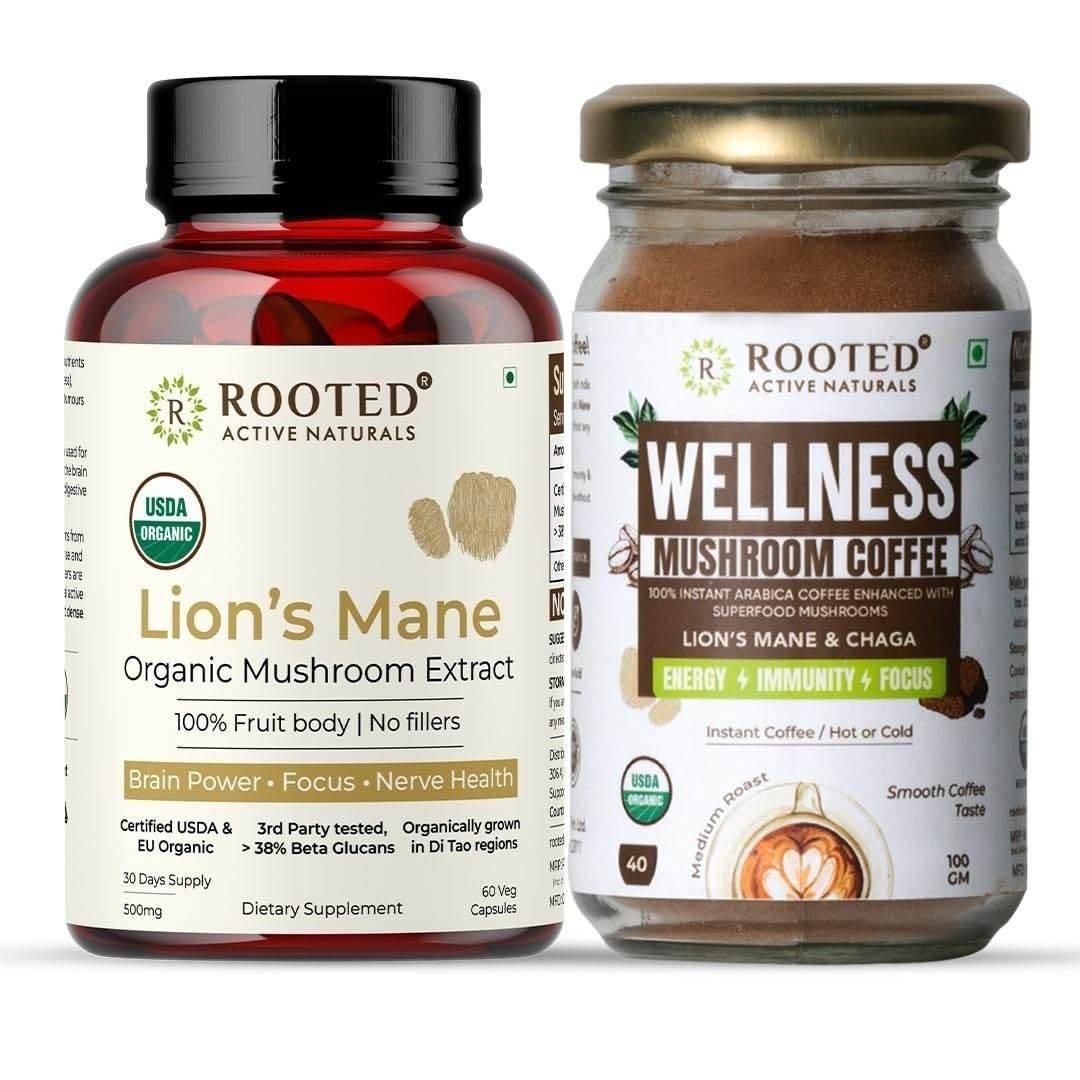 uk6164xkW7SaL-1-1.jpg Rooted Active Naturals USDA Organic Lion's Mane Mushroom Extract Capsules, 500mg, 60 Veg Capsules & Wellness Mushroom Coffee, 100gm - Fast UK Delivery - Image 1