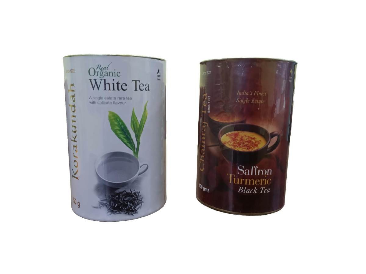 uk616I6RuApVL-1.jpg KORAKUNDAH White Tea In Canister 50g | CHAMRAJ Saffron Turmeric Black Tea 100 g | Pack of 2 | Total 150g | India's Finest Chamraj Nilgiri Tea - Fast UK Delivery - Image 1