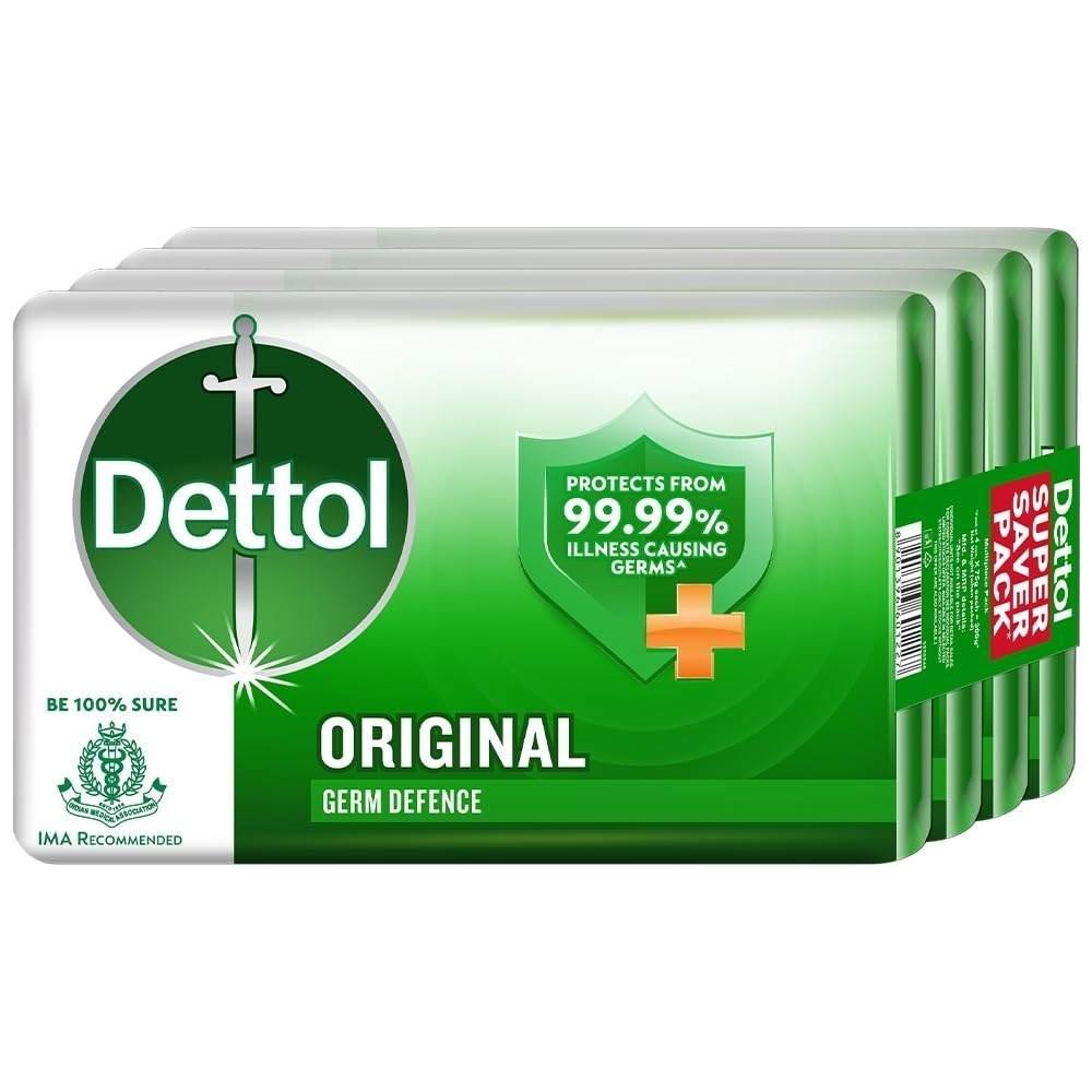 uk616Jgnn6KEL-1-1.jpg Dettol Original Germ Protection Bathing Soap Bar (300gm) | Kills 99.99% germs, 75gm - Pack of 4 - Fast UK Delivery - Image 1