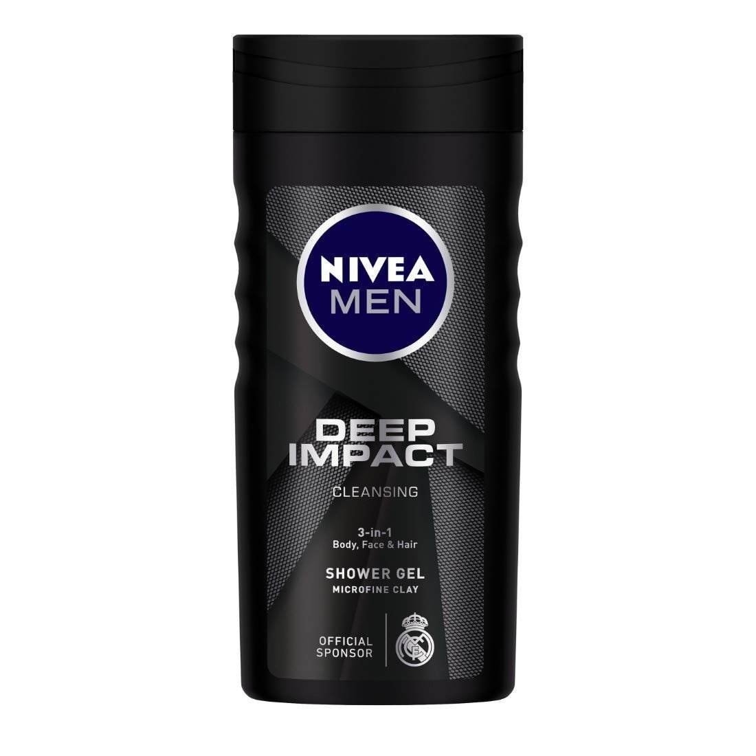 uk6172KnY1yyL-1-1.jpg Nivea Men Body Wash, Deep Impact, 3 In 1 Shower Gel For Body, Face & Hair, With Microfine Clay, 250ml - Fast UK Delivery - Image 1