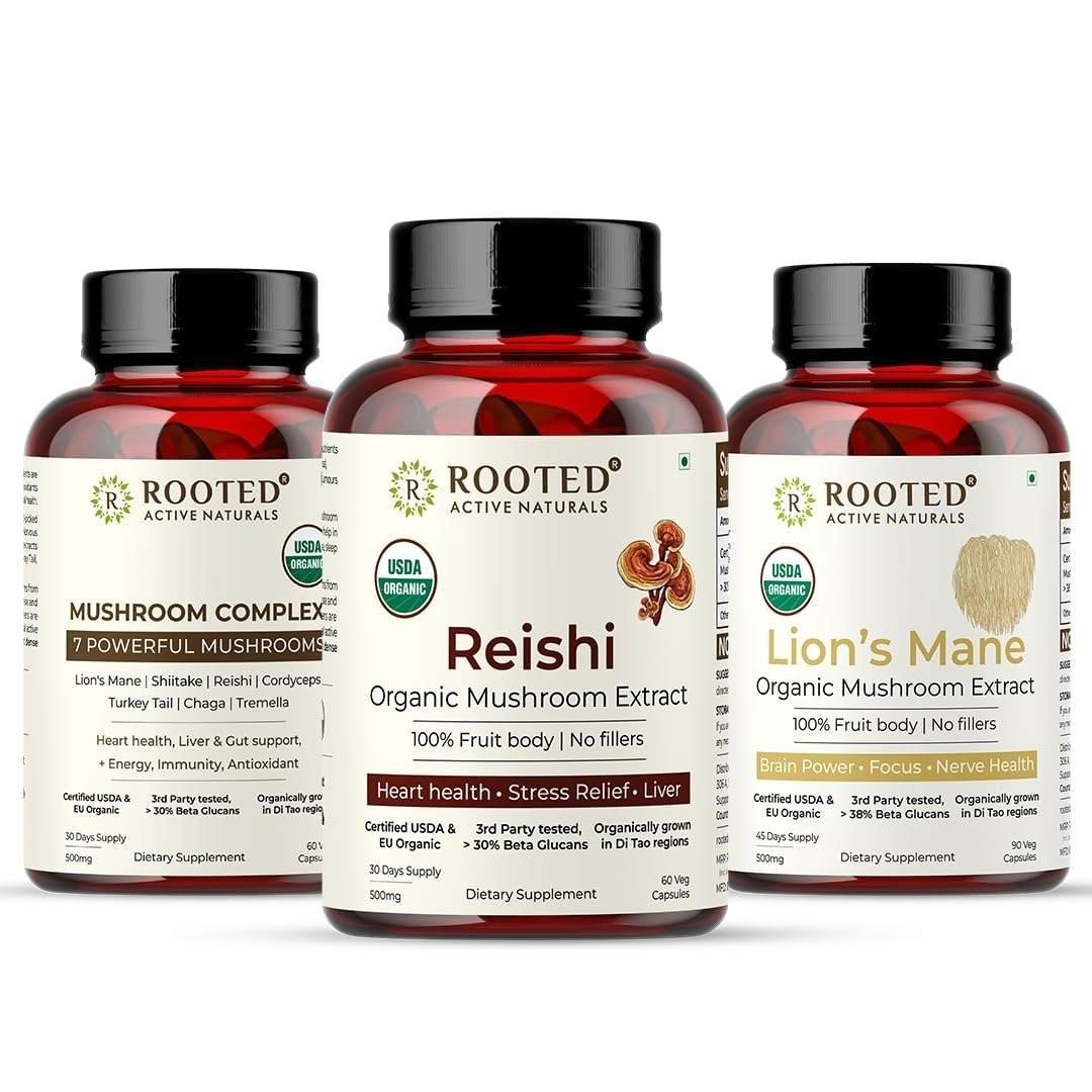 uk617bIEZQZWL-1-1.jpg Rooted Active Naturals Organic Stress Relief Combo, Lion's Mane, Reishi, Mushroom Complex, 30 Days Supply (Combo of 3) - Fast UK Delivery - Image 1