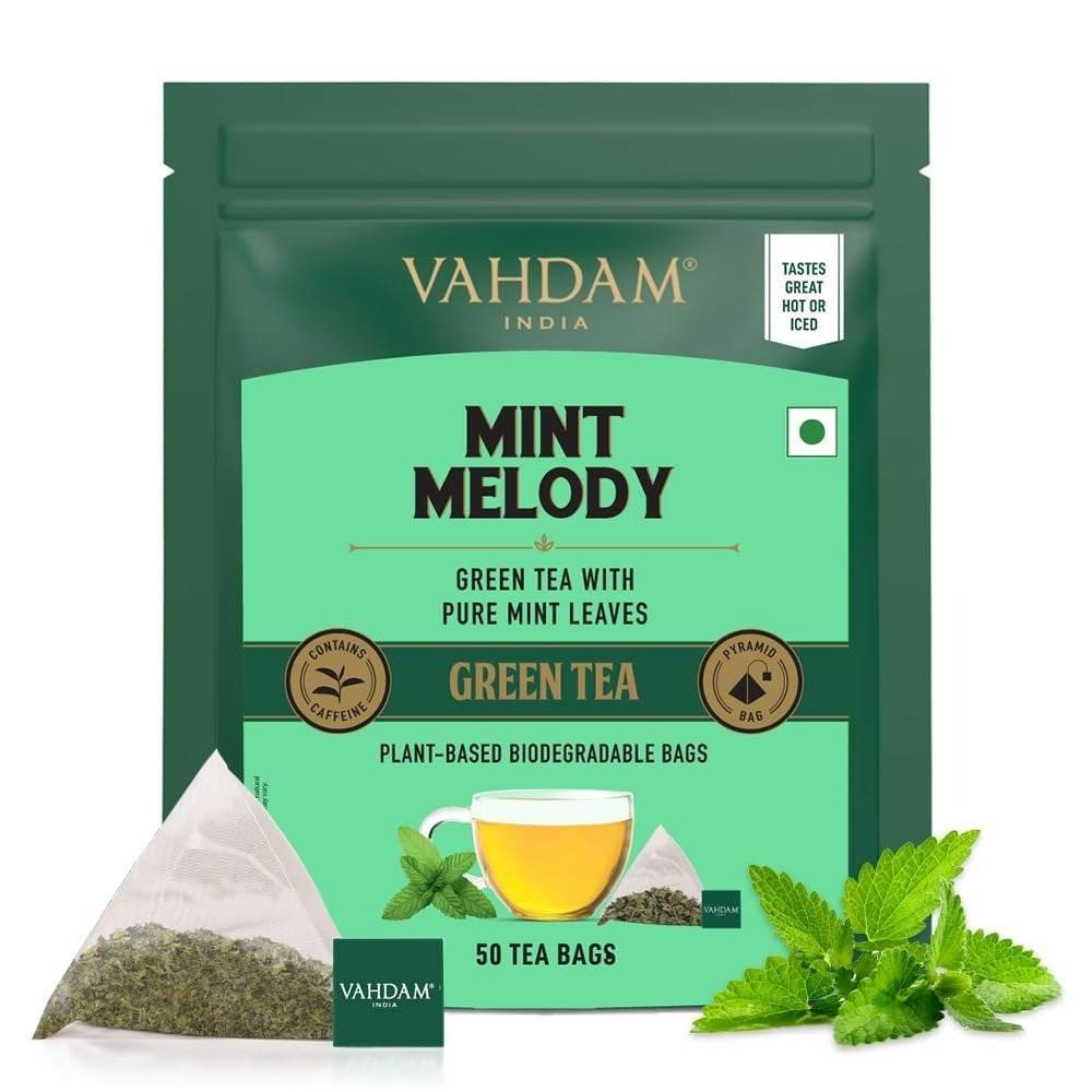 uk617j3u8N1YL-1.jpg VAHDAM, Mint Green Tea Bags (50 Count) | Low Caffeine, Non-GMO, Gluten-Free, Naturally High Grown Green Tea | Resealable Ziplock Pouch | Plant - Based Pyramid Tea Bags | Direct from Source - Fast UK Delivery - Image 1