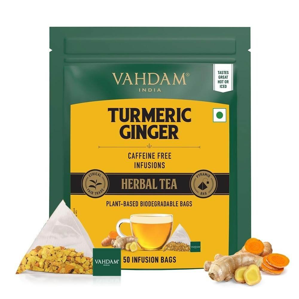 uk6182d3hFwjL-1.jpg VAHDAM, Turmeric Ginger Tea Bags (50 Herbal Tea Bags) Caffeine Free, Non GMO, Gluten Free | 100% Pure Turmeric Tea with Ginger - Savory & Spicy | Plant based Pyramid Tea Bags | Direct from Source - Fast UK Delivery - Image 1