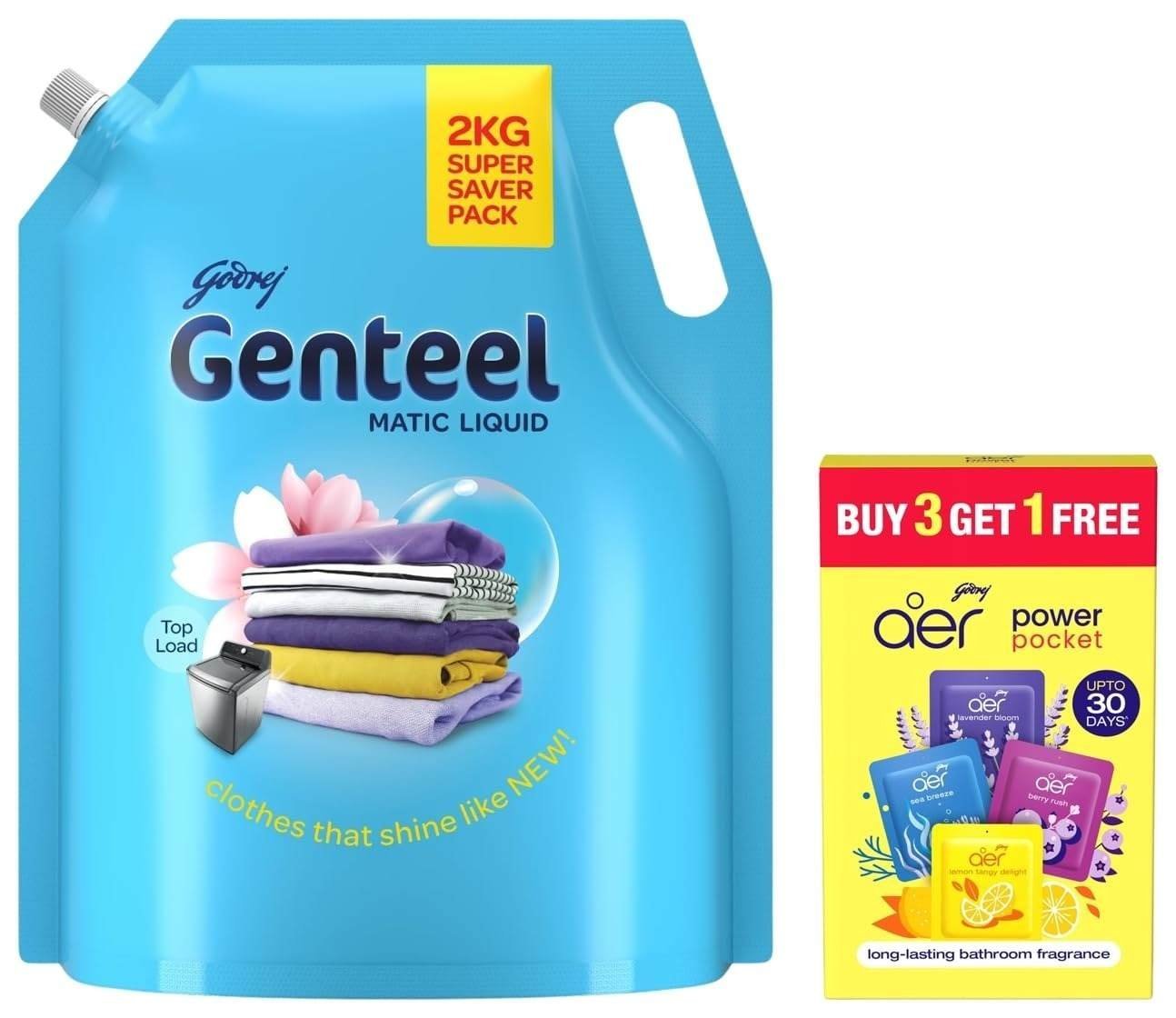 uk618itcifpTL-1-1.jpg Godrej aer Power Pocket | Bathroom Freshener Assorted Pack Of 4 (40G) + Genteel Matic Liquid Detergent Refill Pouch for Top load Washing - 2kg - Fast UK Delivery - Image 1
