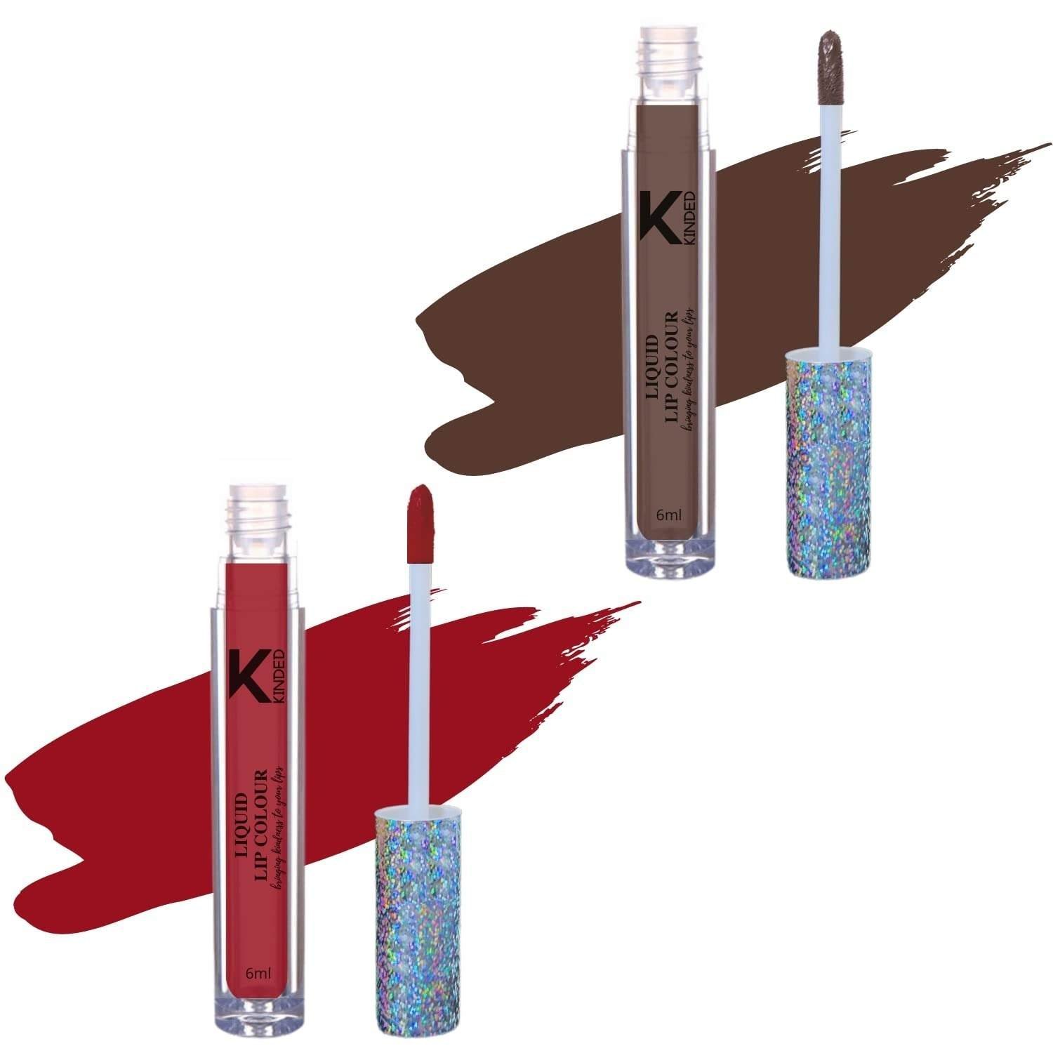 uk618pvEh5HdL-1-1.jpg KINDED Liquid Lip Colour Vitamin E Enriched No Transfer Waterproof Long Stay Lipsticks Lip Gloss Set for Girls Women (Pack of 2, 6 ml each, Matte Finish, Shades Choco Brown & More Maroon) - Fast UK Delivery - Image 1