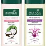 Biotique Bio Creamy Coconut Ultra-Rich Body Lotion For Extra Dry Skin, 180ml & Bio White Orchid Skin Whitening Body Lotion, 180ml - Fast UK Delivery