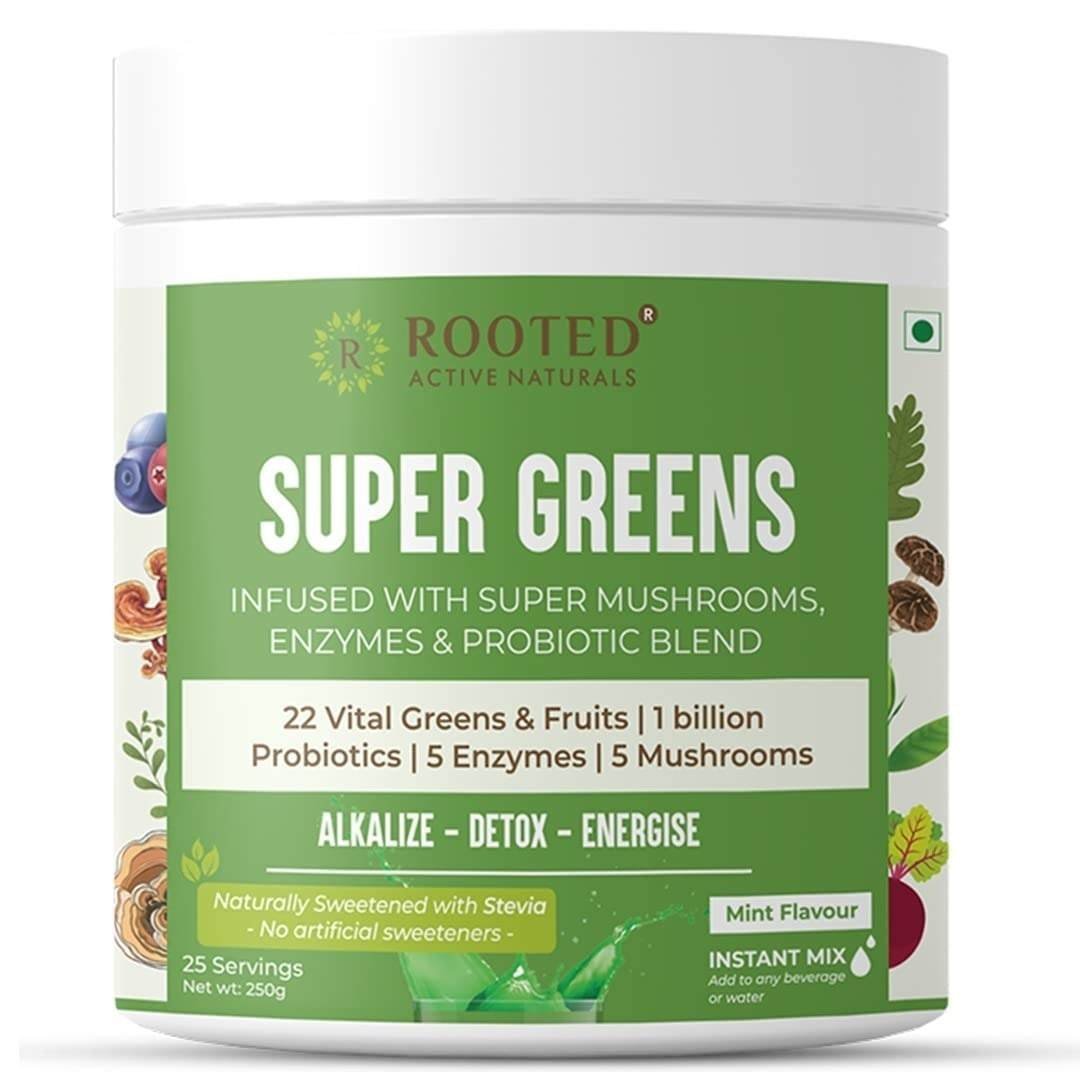uk61C8Z9BrxSL-1-1.jpg Rooted Actives Super Greens Ultimate Health Powder | 22 vital greens & Fruits, 1 billion probiotics, 5 Enzymes, 5 Mushrooms (No Added Sugar) | Supports Gut Health, Energy, Immunity - 250 Grams - Fast UK Delivery - Image 1