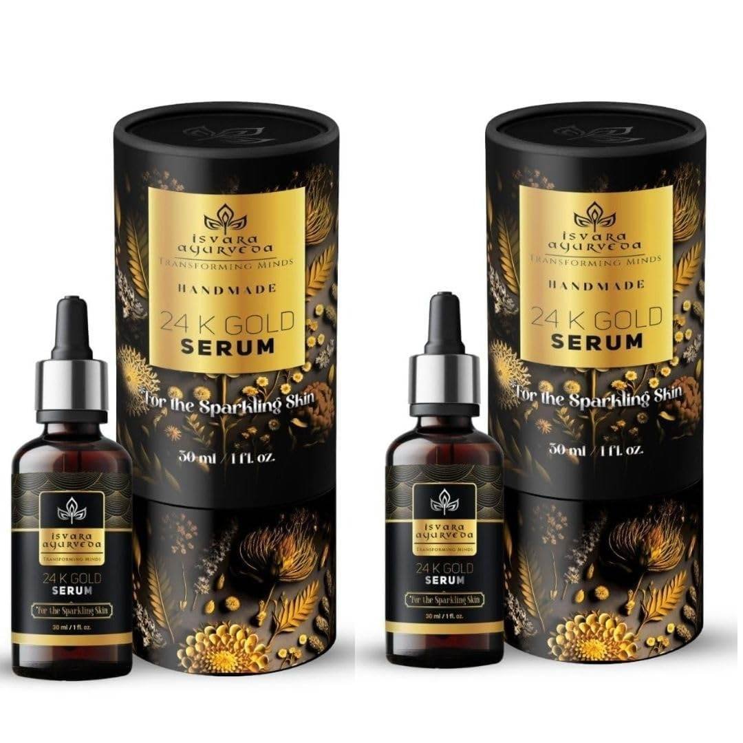 uk61CASi5oakL-1.jpg ISVARA AYURVEDA 24k Gold Face Serum for Glowing Skin -Instant Sparkling Glow for All Skin Types - 30ml (Pack of 2) - Fast UK Delivery - Image 1