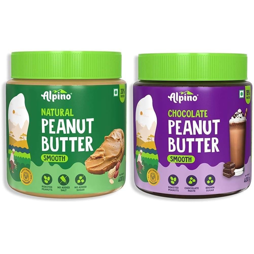 uk61CQbcl-d4L-1.jpg ALPINO Natural Peanut Butter Smooth 400g - Made with 100% Roasted Peanuts - 30g Protein & ALPINO Chocolate Peanut Butter Smooth 400g - Fast UK Delivery - Image 1