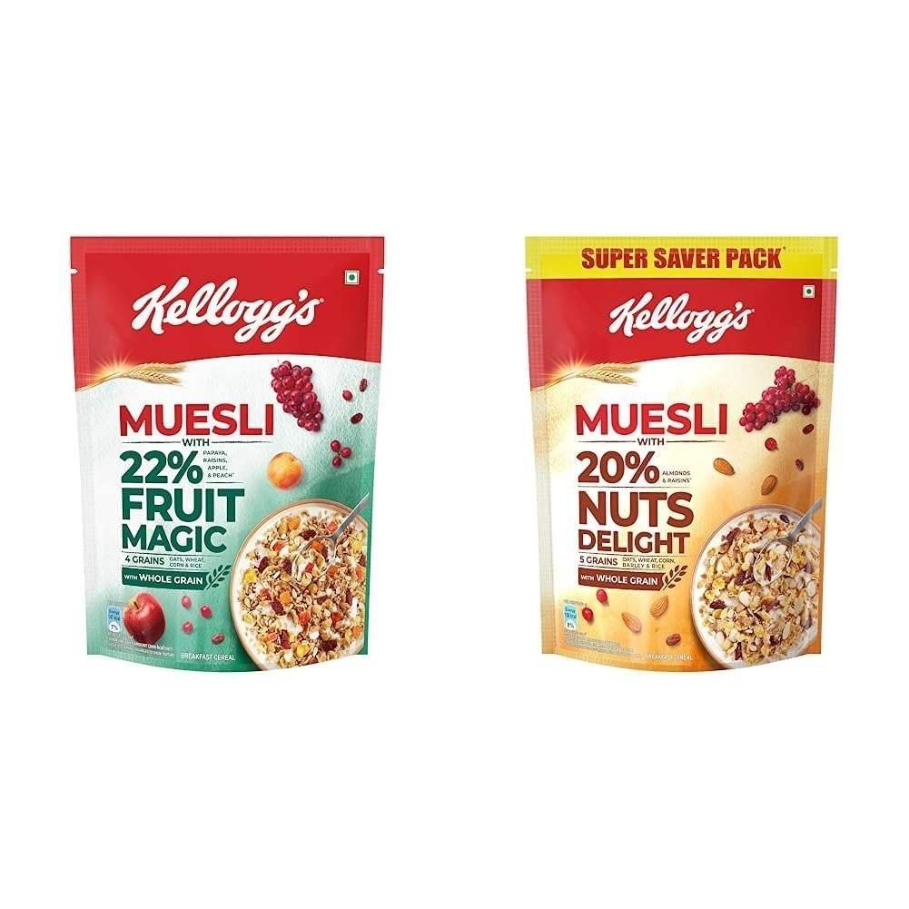 uk61CgxhCv72L-1-1.jpg Kellogg's Muesli 22% Fruit Magic High in Vitamin C, 500g Pack With 20% Nuts Delight, 750g Pack Both are Breakfast Cereal, High in Fibre, High in Iron and Naturally Cholesterol Free - Fast UK Delivery - Image 1