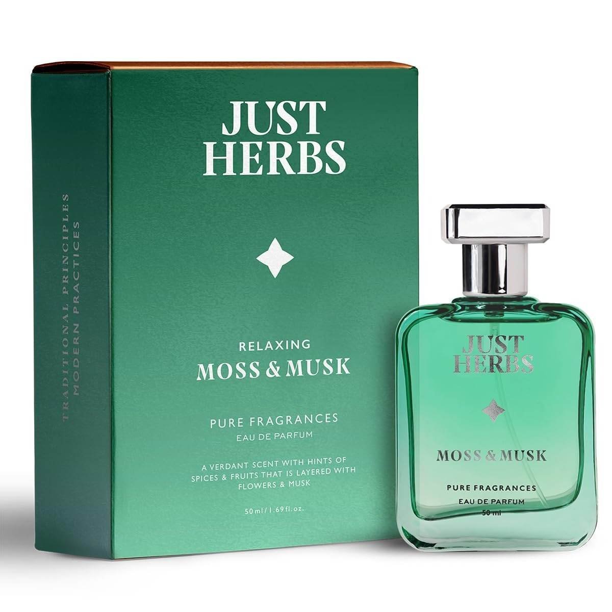 uk61CwA7usPkL-1.jpg Just Herbs Relaxing Moss & Musk EDP Perfume for Men 50ml, Long Lasting Up to 8 Hours Pure Fragrance Eau Da Parfum Mens Body Spray - Fast UK Delivery - Image 1