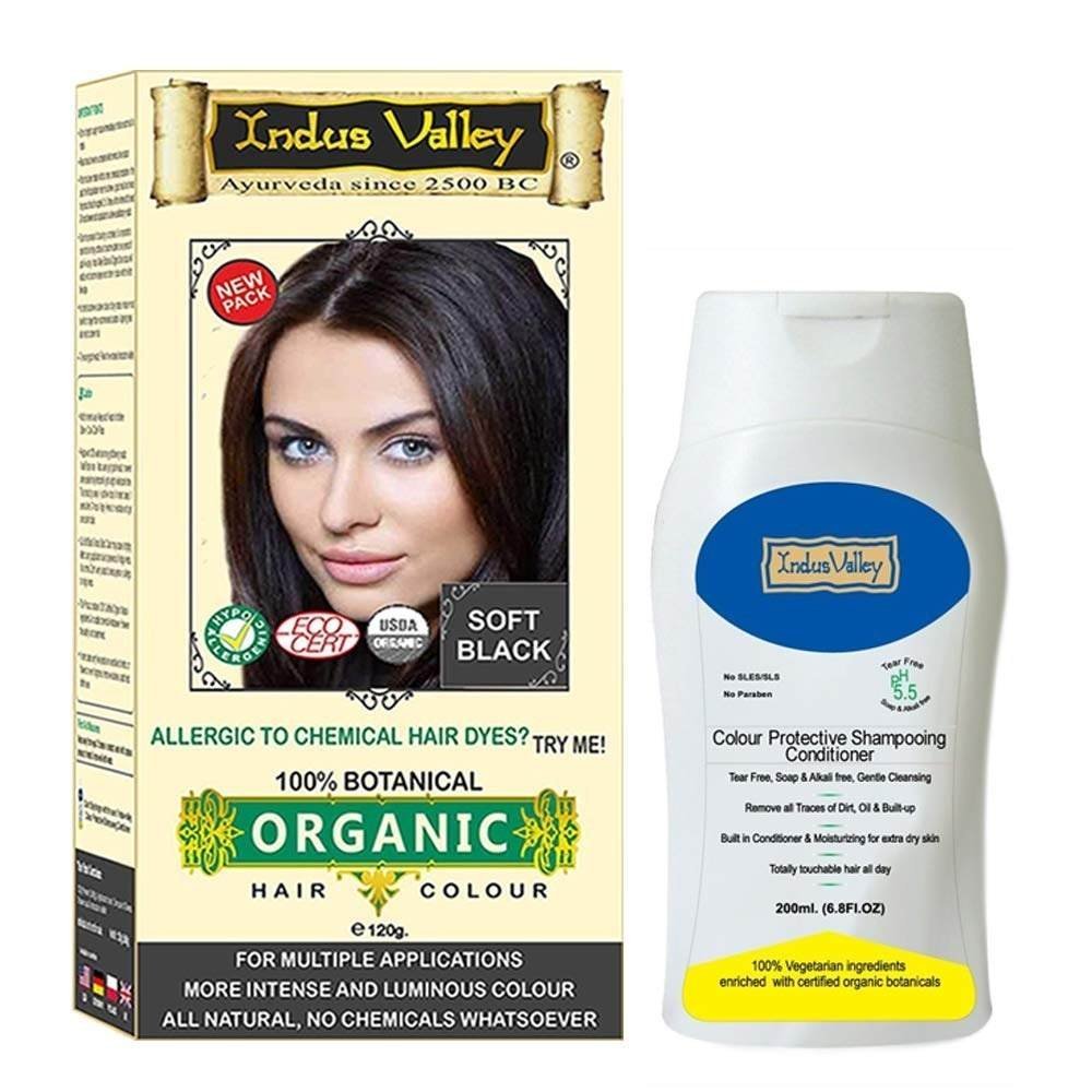 uk61EW5EAVTJL-1-1.jpg INDUS VALLEY Combo Kit For Styling & Hair Care| 100% Organic & Chemical Free Botanical Hair Color 120 g - Soft Black with 200ml Color Protective Shampoo & Conditioner (120g + 200 ml) - Fast UK Delivery - Image 1