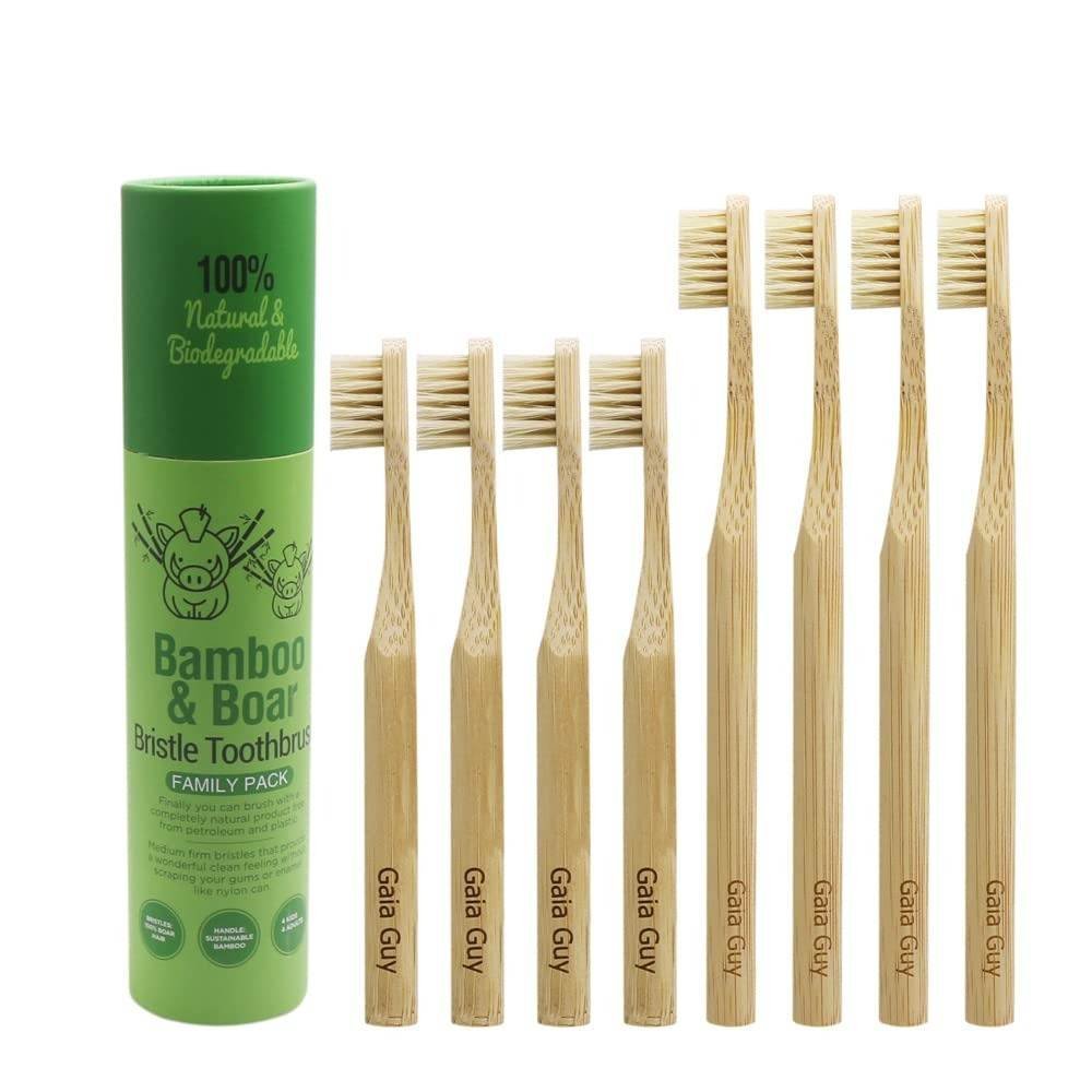 uk61Fv3AhSeL-1.jpg Gaia Guy Natural Bristle Bamboo Toothbrush Family Pack (NO Nylon - Boar Hair ONLY) - Totally Compostable & Biodegradable Boar Bristle and Bamboo Toothbrushes - Zero Waste - 4 Kids and 4 Adults - Fast UK Delivery - Image 1
