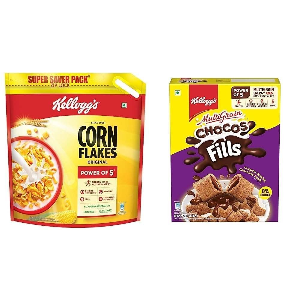 uk61H9fTau0fL-1-1.jpg Kellogg's Corn Flakes Original, High in Iron & BGroup Vitamins, Breakfast Cereals, 1.2kg + Chocos Fills, Double Chocolaty, Multigrain, High in Protein & B Vitamins, 0% Maida, Anytime Snack 250g - Fast UK Delivery - Image 1