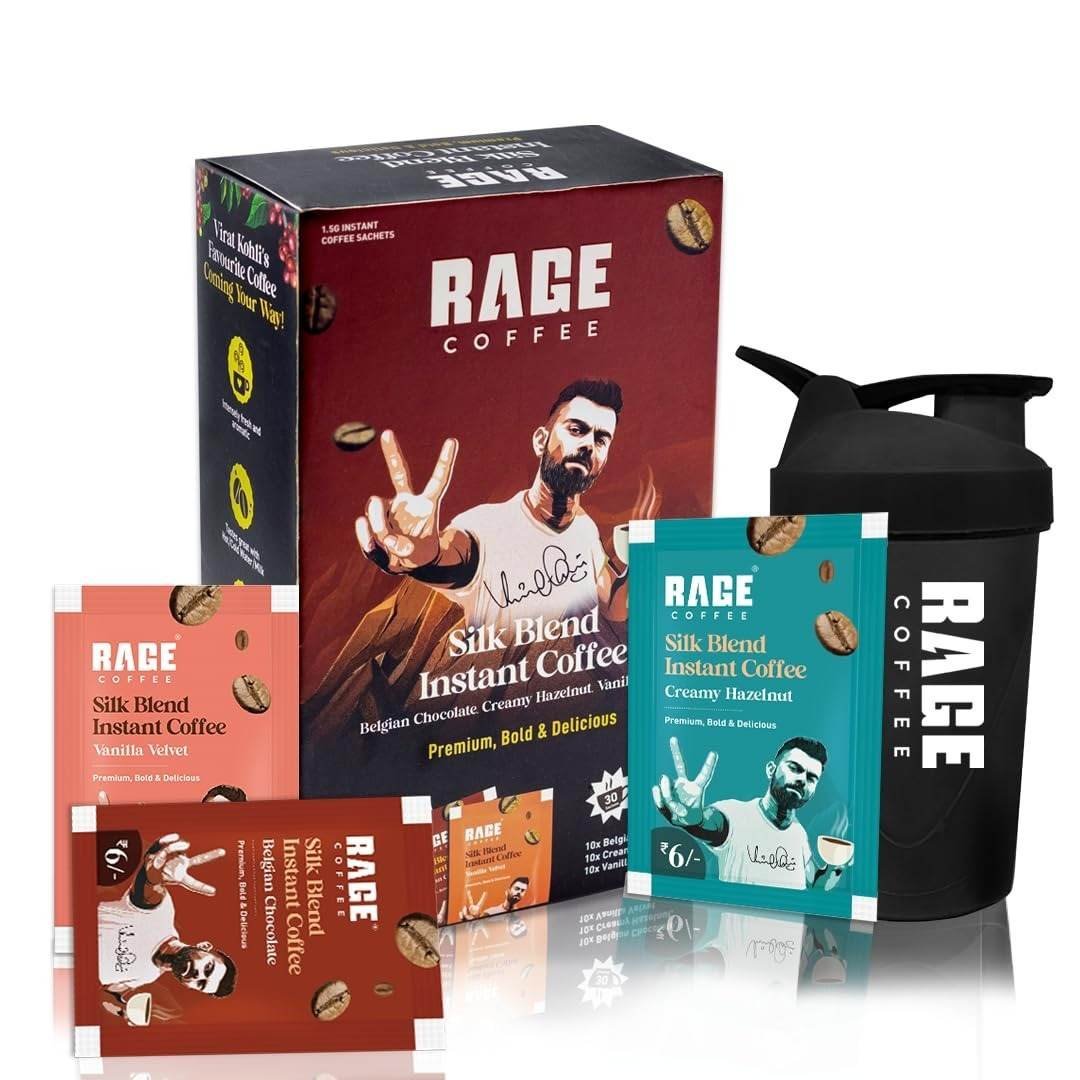 uk61Hfz-S8EL-1.jpg Rage Coffee 30 Silk Blend Assorted Coffee Sachets | 10 Sachets Each Flavour (Vanilla Velvet, Belgian Chocolate, Creamy Hazelnut)| Makes 30 Cups | Rich & Bold Instant Coffee Flavour Coffee | For Hot/ Cold Coffee + Shaker 400ml - Fast UK Delivery - Image 1