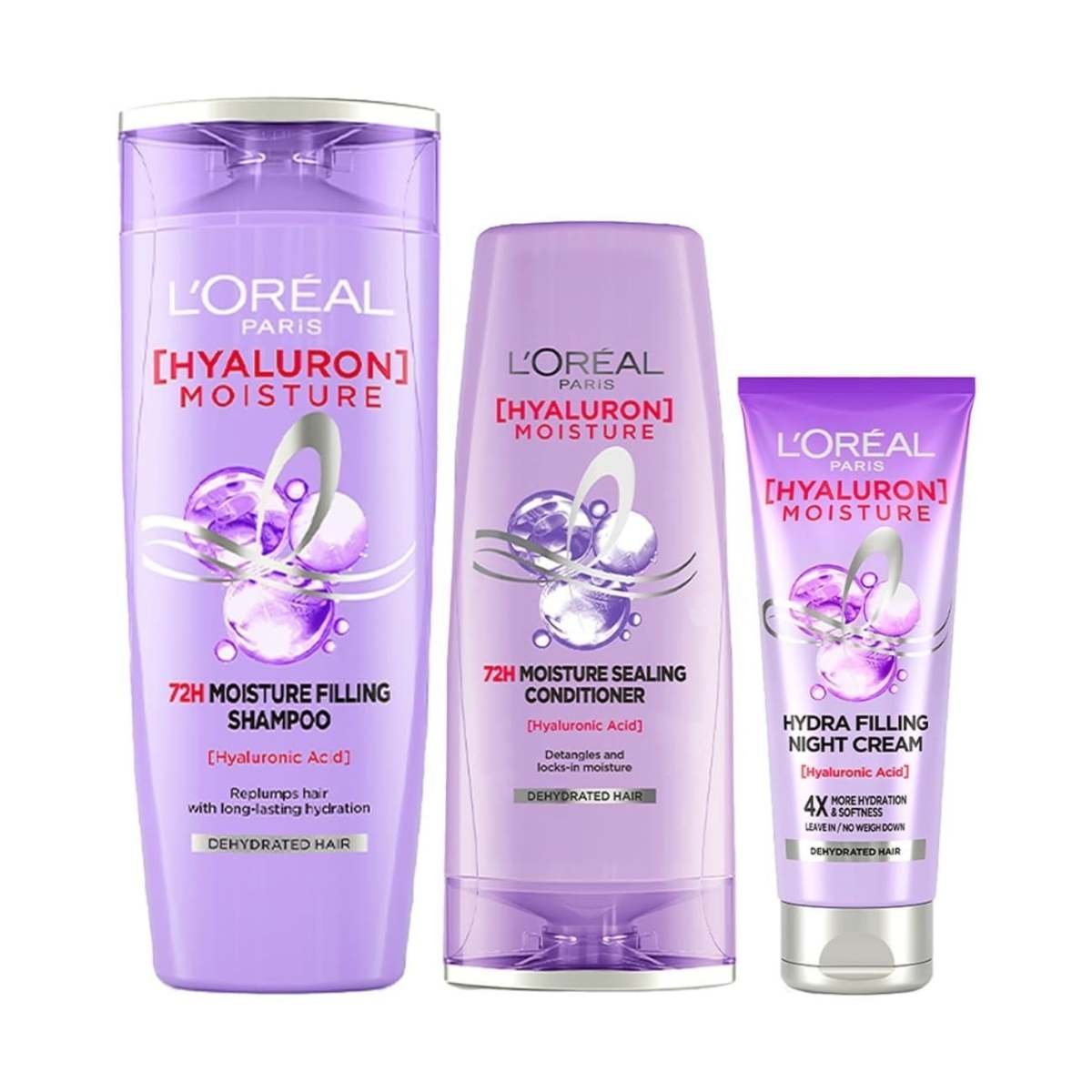 uk61InVT6f2YL-1-1.jpg L'Oreal Paris Hyaluron Moisture 3-step Ultimate Hydration kit - Shampoo (340ml) + Conditioner (360 ml) + Night Cream (180 ml) - Fast UK Delivery - Image 1
