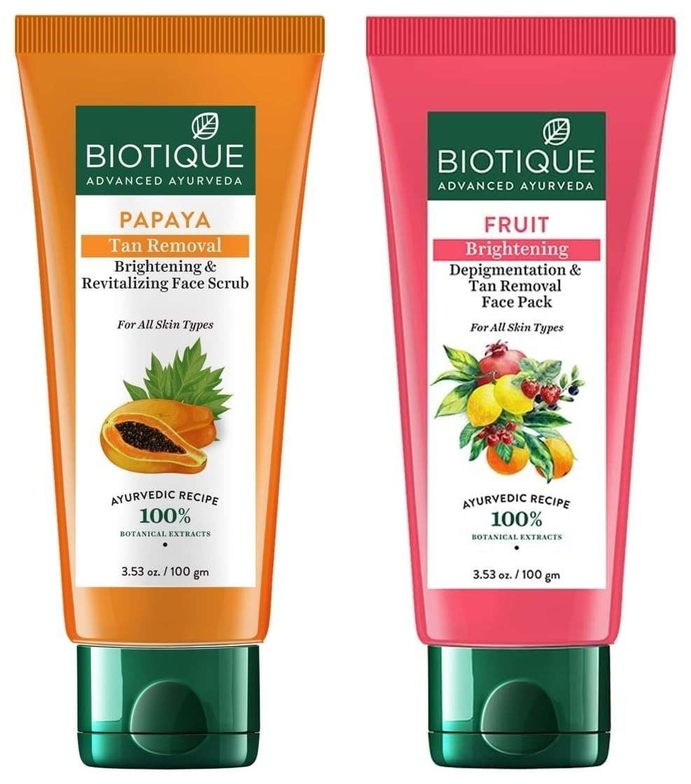 uk61J8pO5KcBL-1-1.jpg Biotique Fruit Brightening Depigmentation & Tan Removal Face Pack For All Skin Types, 100ml & Biotique Papaya Tan Removal Brightening & Reviatalizing Face Scrub For All Skin Types, 100g - Fast UK Delivery - Image 1
