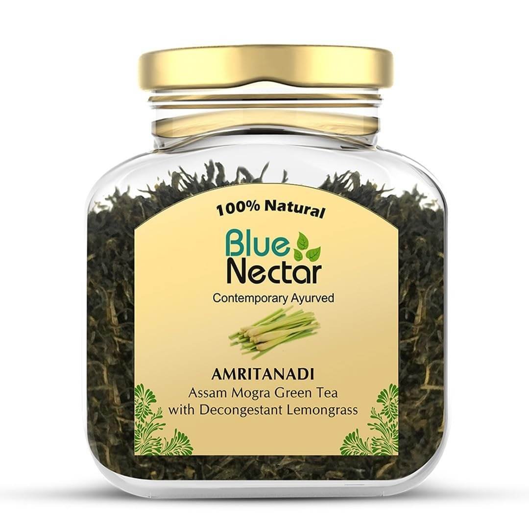 uk61JrdligAL-1.jpg Blue Nectar Green Tea Leaves with Decongestant Lemongrass | Loose Green Leaves Sourced from Assam | Reusable Glass Jar (50 gm + 15 gm Free) - Fast UK Delivery - Image 1