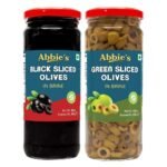 Abbie's Black Sliced Olives (450 g) + Green Sliced Olives (450 g), Pack of 1 Each, for Authentic Taste in Cooking, Snacking, Pizzas toppings or Italian Pastas Ingredient - Fast UK Delivery