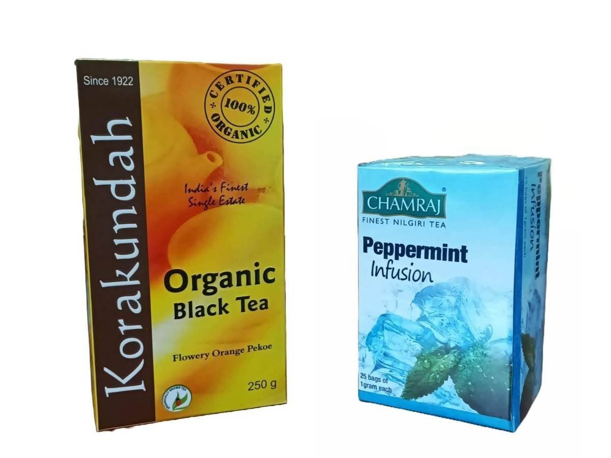 uk61KgMj6pqL-1.jpg KORAKUNDAH Organic Black Tea 250 g | CHAMRAJ Peppermint Infusion 25 Dip Bags | Pack of 2 | Total 275 g | India's Finest Chamraj Nilgiri Tea - Fast UK Delivery - Image 1