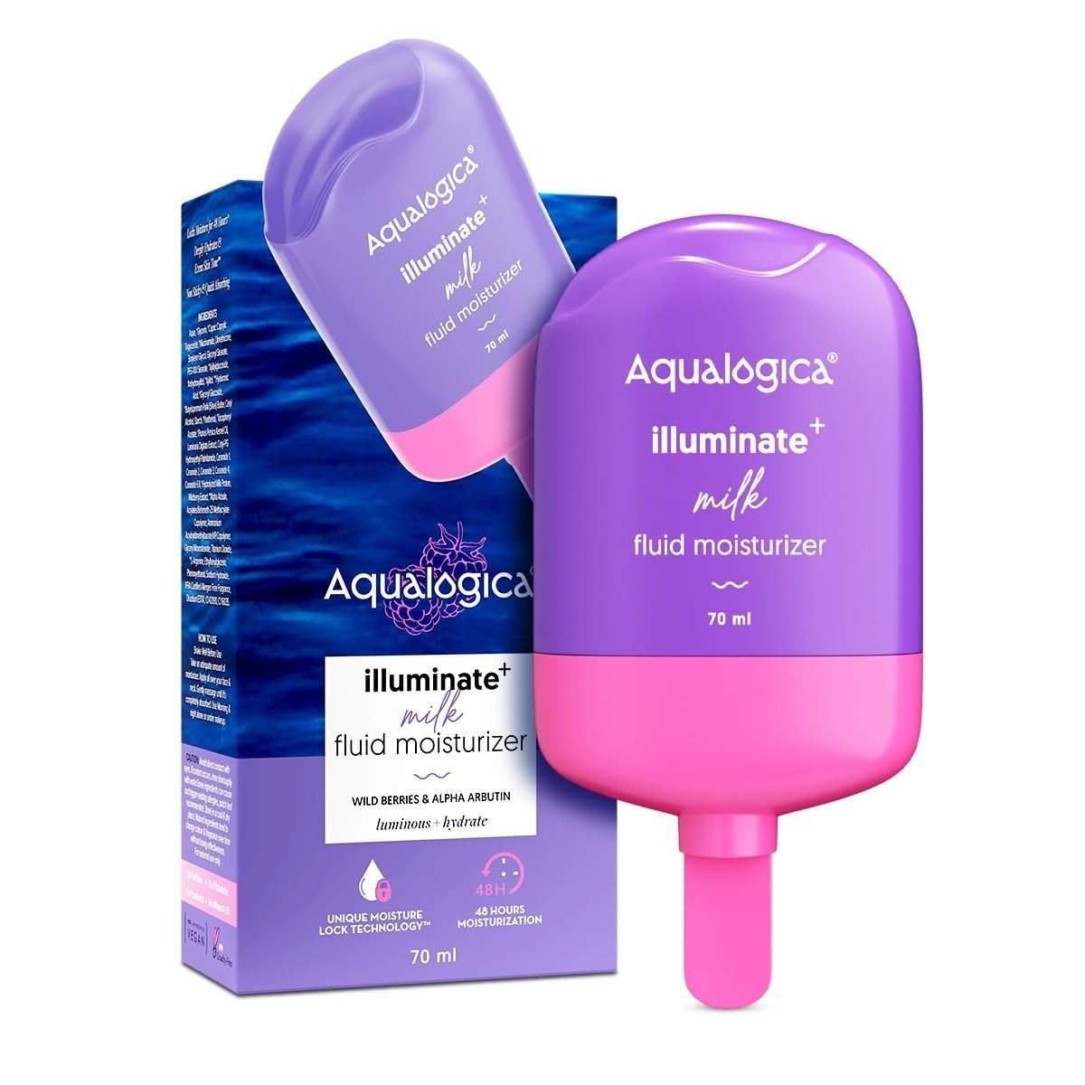 uk61Kwf8f7TL-1.jpg Aqualogica Illuminate + Milk Fluid Moisturizer with Wild Berries & Alpha Arbutin | Lightweight Milk-Like Texture | Evens Skin Tone | 48Hr Deep Moisturization I For Oily To Combination Skin | Non Sticky, Quick Absorbing & Hydrating | 70 ml - Fast UK Delivery - Image 1