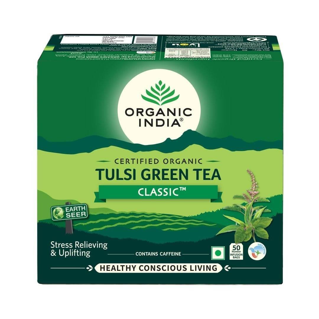 uk61KzowX7gjL.jpg ORGANIC INDIA Tulsi Green Classic Tea 50 Tea Bags - Green - Fast UK Delivery - Image 1