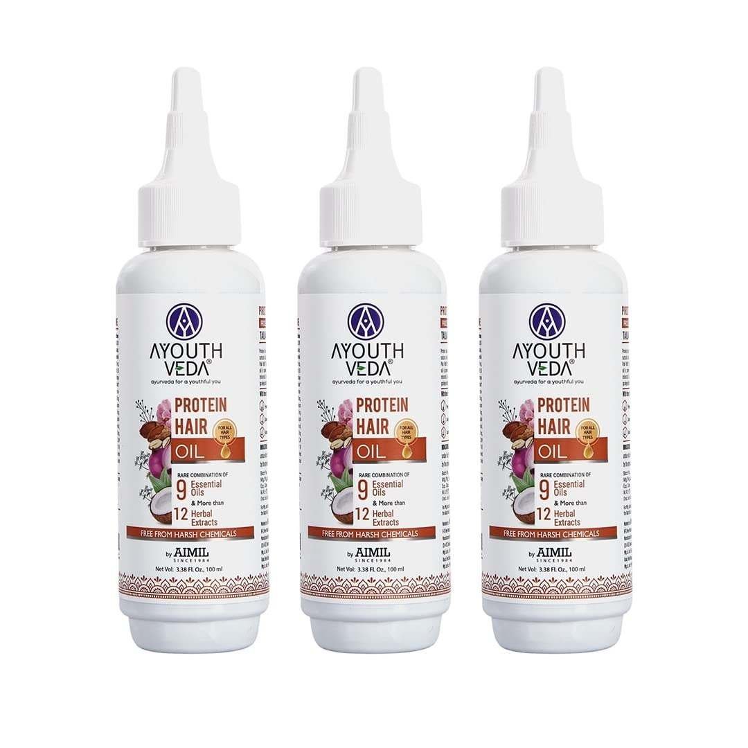 uk61L-eSzT-L-1.jpg Ayouthveda Protein Hair Oil For Healthy Hair | Blend of Essential Oil & 12 Herbal Extracts | Strengthen The Roots & Makes Hair Shiny | A Non Sticky Formula For Dandruff Control (Pack of 3-100ml each) - Fast UK Delivery - Image 1