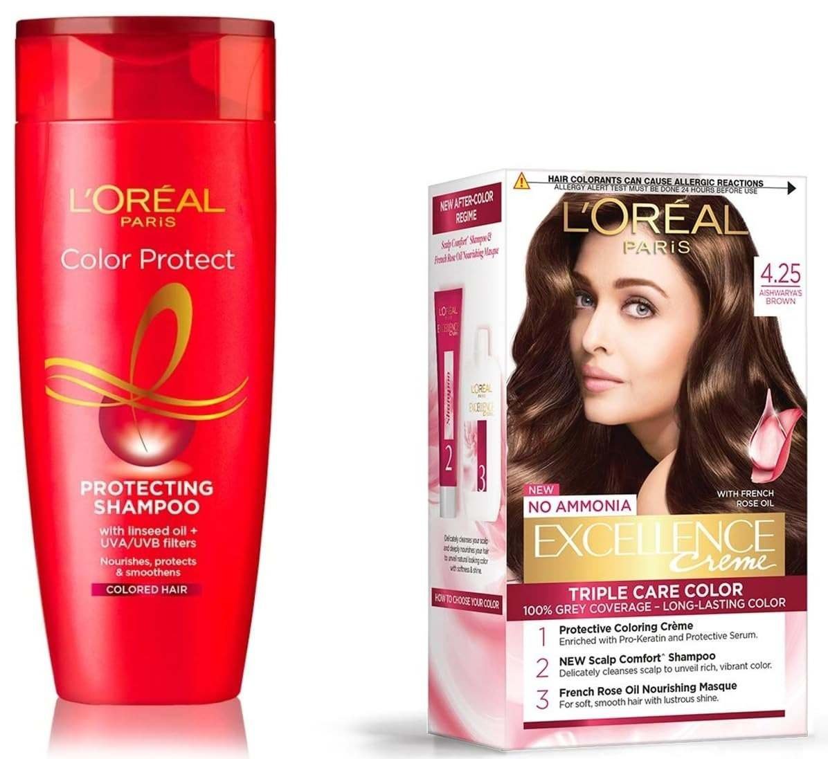 uk61LIVay3dkL-1-1.jpg L'Oreal Paris Excellence Creme Hair Color, 4.25 Aishwarya's Brown, 72ml+100g And L'Oreal Paris Color Protect Shampoo, 175ml (With 10% Extra) - Fast UK Delivery - Image 1