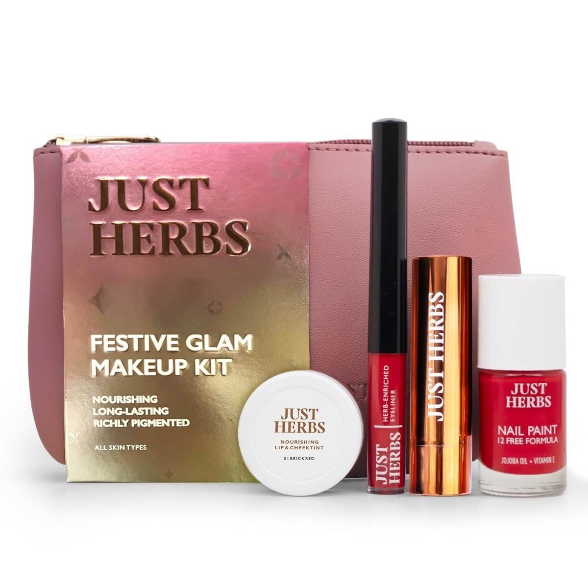 uk61LYrTWZ5TL-1.jpg Just Herbs Festive Glam Makeup Essential Makeup Pouch for Women (Lip & Cheek Tint, Ultra Matte Lipstick, Nail Paint, Eyeliner) - Fast UK Delivery - Image 1
