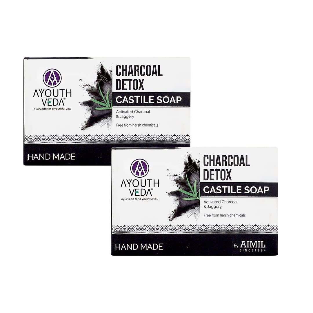 uk61N1ef2PI9L-1-1.jpg Ayouthveda Charcoal Detox Soap | A Powerful Blend of CharcoalJaggery & Five Nourishing Oils | Handmade Castile Soap Without Any Harsh Chemical | For Clear & Dirt Free Skin (Pack Of 2-110g each) - Fast UK Delivery - Image 1