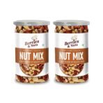 Berries And Nuts International Nuts Mix | Pecan, Brazil, Hazel, Macadamia, Almonds, Pista, Walnuts | 400 Grams | 2 Bottles Of 200 Grams, Dry Fruit - Fast UK Delivery