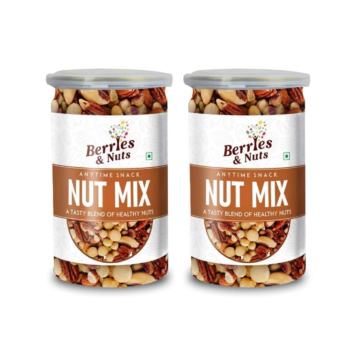 uk61NHXG0v1L-1.jpg Berries And Nuts International Nuts Mix | Pecan, Brazil, Hazel, Macadamia, Almonds, Pista, Walnuts | 400 Grams | 2 Bottles Of 200 Grams, Dry Fruit - Fast UK Delivery - Image 1