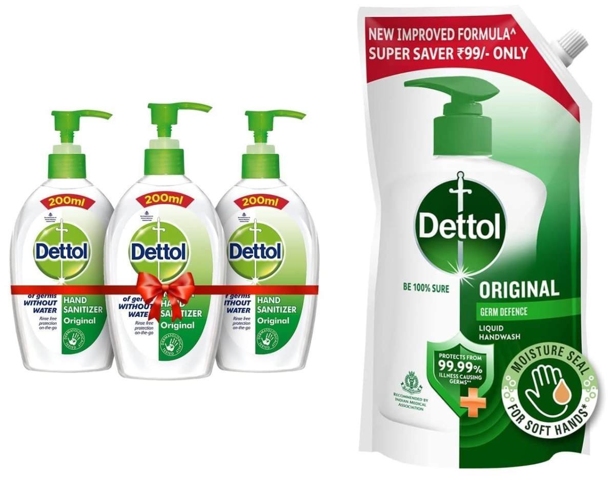 uk61OUA3CtzL-1.jpg Dettol Original Germ Protection Alcohol based Hand Sanitizer Pump, 200ml (Pack of 3) & Dettol Liquid Handwash Refill - Original Germ Protection Hand Wash- 750ml - Fast UK Delivery - Image 1