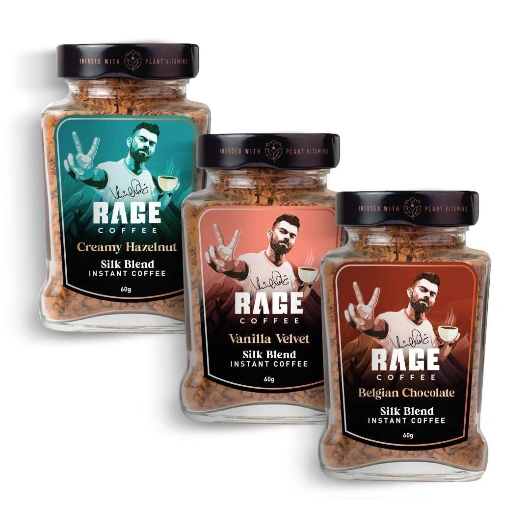uk61PjKczqkFL-1.jpg Rage Coffee Silk Blend Instant Coffee | Belgian Chocolate, Creamy Hazelnut & Vanilla Velvet Silk Blend Flavoured Coffee 60 GMs Each | 100% Pure Instant Coffee | Premium, Bold & Smooth | Pack of 3 - Fast UK Delivery - Image 1