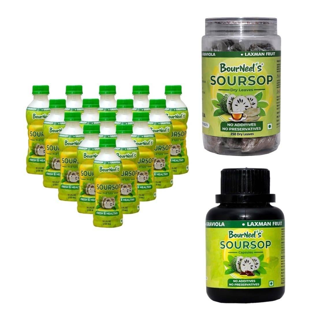 uk61QpmRg0aoL-1-1.jpg BourNeel's Soursop Month Therapy Pack of 3 Contains Soursop Fruit Juice (15 Bottles) + 1 Soursop Capsules ( 60 Cap ) + Soursop Dry Leaves (250 Loose Leaves)| Soursop Graviola Laxman Phal Fruit | High Vitamin C | - Fast UK Delivery - Image 1