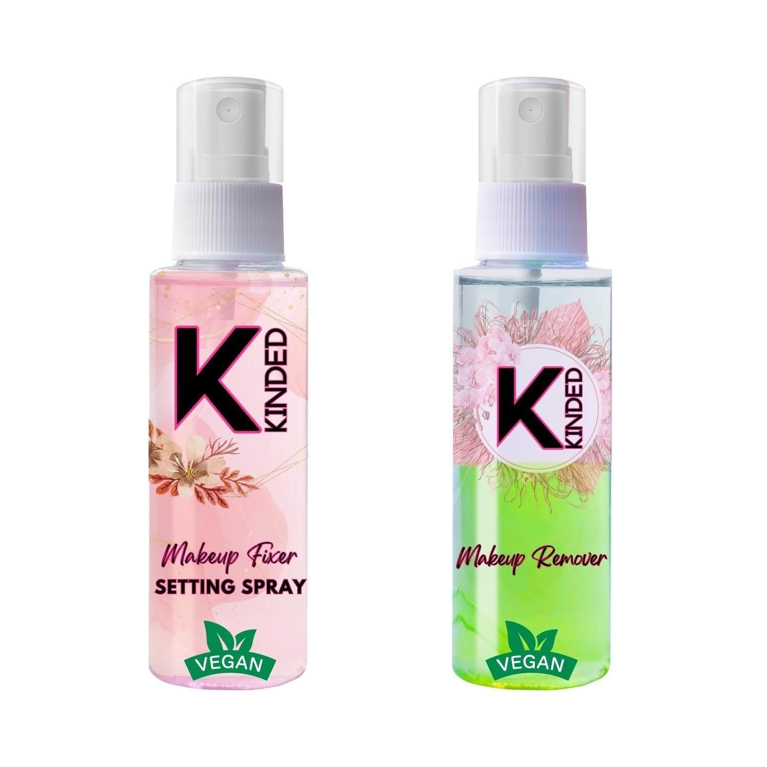 uk61RTOXGS2JL-1-1.jpg KINDED Combo of Makeup Fixer Setting Spray & Makeup Remover Oil Based Mint Green Dual Phase Cleanser Micellar Water Liquid Infused with Aloe Vera Extracts & Jojoba Oil for Girls Women - 60 ml each - Fast UK Delivery - Image 1