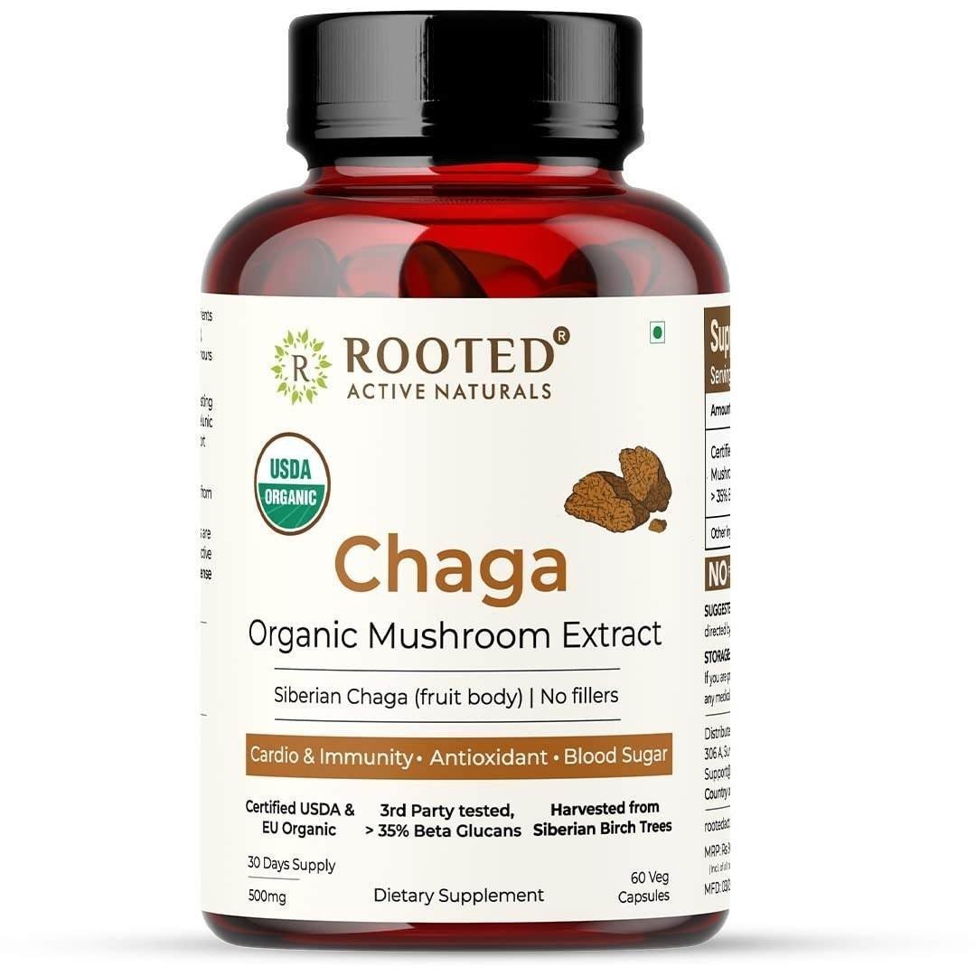 uk61RfcTlmTL-1.jpg Rooted Actives, Siberian Chaga Mushroom Extract, Certified Organic| 35% Beta Glucans - Lab verified | Antioxidant & Vitality support (60 Veg Caps), - Fast UK Delivery - Image 1