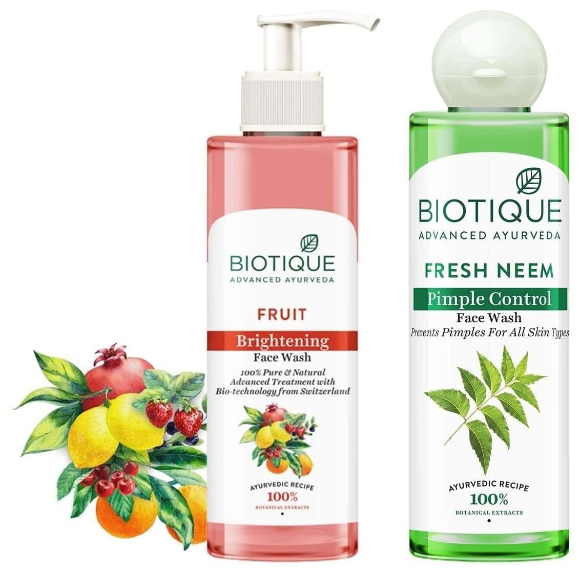 uk61Rs8Xd0keL-1-1.jpg Biotique Fruit Brightning Face Wash, 200ml & Biotique Fresh Neem Pimple Control Face Wash Prevents Pimples For All Skin Types, 200ml - Fast UK Delivery - Image 1