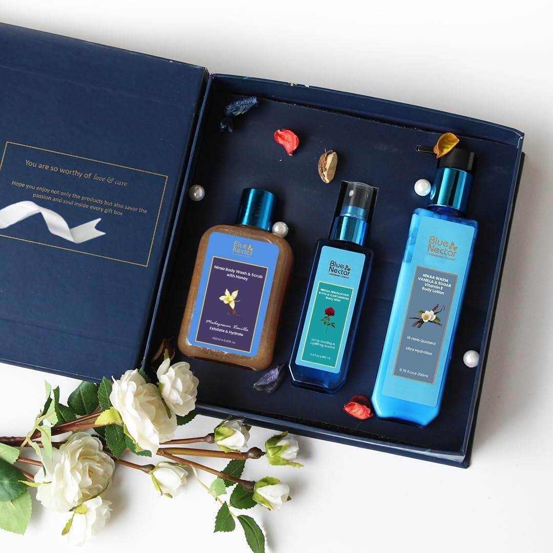 uk61Stzu8PwpL-1.jpg Blue Nectar Beauty Gift Box for Friends | Premium Skincare Combo of Vanilla Lotion, Body Wash & Scrub & Body Mist | Gift for Birthday & Anniversary | Pack of 3 - Fast UK Delivery - Image 1