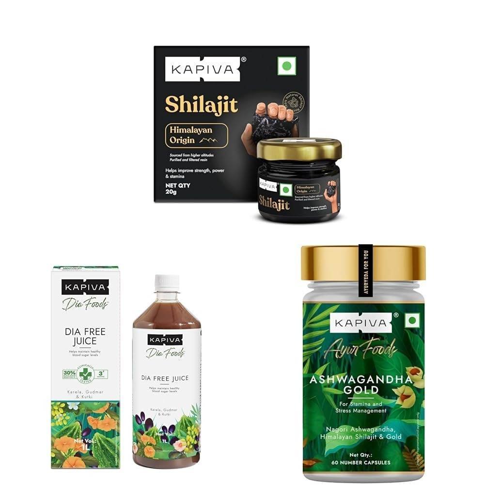 uk61T5O5XRnXL-1.jpg Kapiva Himalayan Shilajit/Shilajeet Resin, 20g, Kapiva Dia Free Juice, 1L & Kapiva Ashwagandha Gold Capsules, 183rd day harvested Potent Nagori Ashwagandha With Gold for Men & Women (60 Capsules) - Fast UK Delivery - Image 1