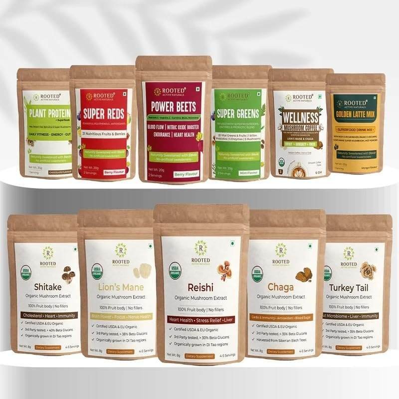 uk61TUjGVzE7L-1-1.jpg Rooted Organic Mushroom and Superfood Drinks Combo Pack, Plant Protein, Super Greens, Super Reds, Power Beets, Golden Latte, Wellness Mushroom Coffees - Fast UK Delivery - Image 1