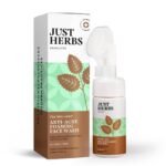 Just Herbs Anti Acne Foaming Face Wash Men Women With Tea Tree and Mint for Oil Control, Glowing Skin Brush - 100ml - Fast UK Delivery