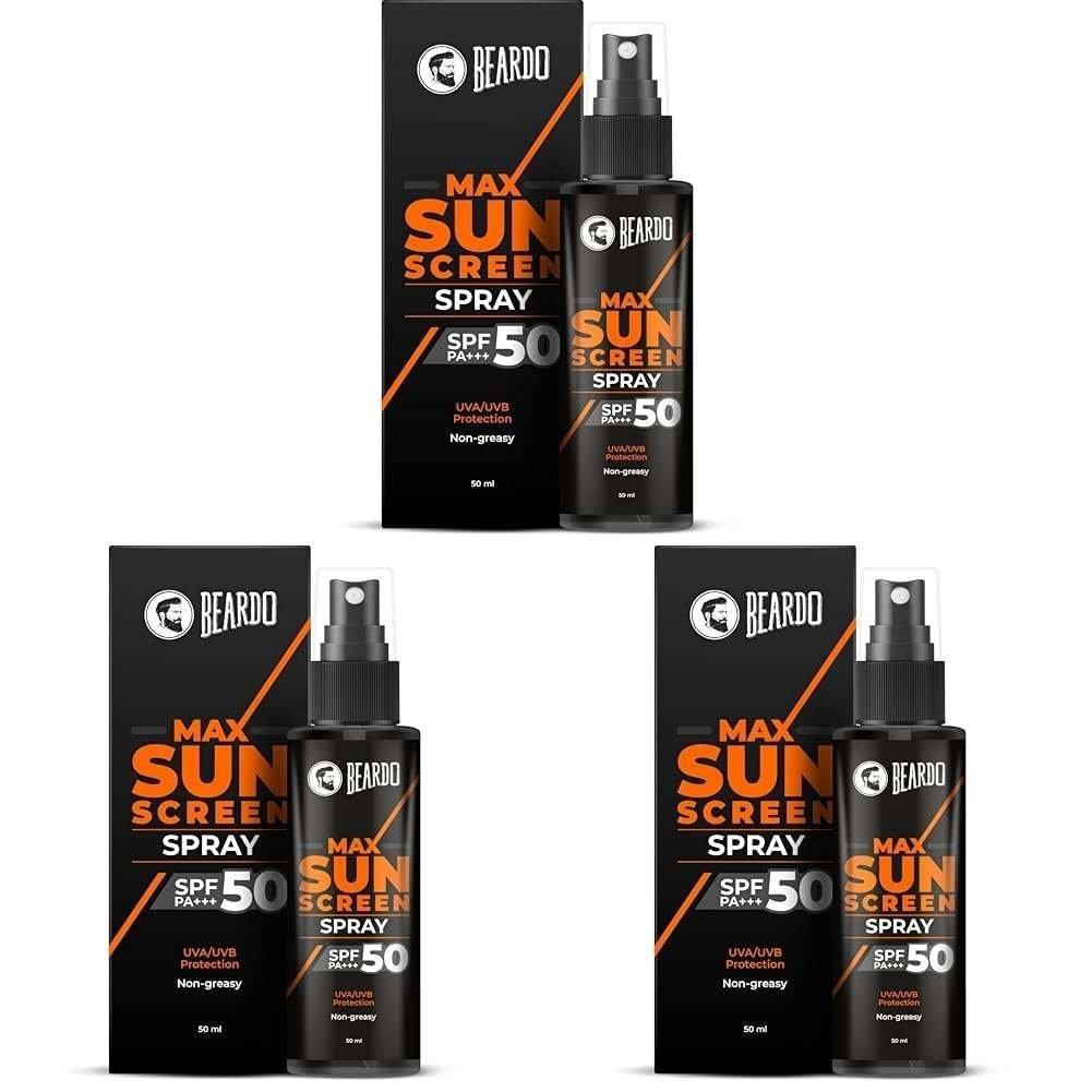 uk61TZ1tc-9TL-1-1.jpg Beardo Max Sunscreen SPF 50 & PA+++ Spray for Men | Non-greasy Sunscreen for Men | Easy Application Sunscreen Spray | Sunscreen For Oily Skin | UVA UVB Protection | 50ml (Pack of 3) - Fast UK Delivery - Image 1