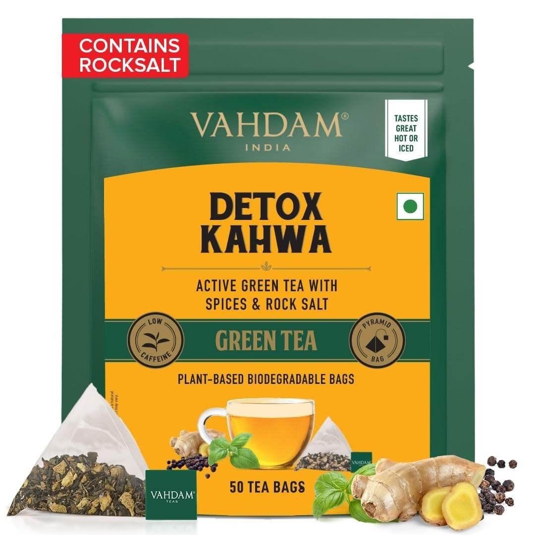 uk61TcK9kCfWL-1.jpg VAHDAM, Detox Kahwa Green Tea - 50 Pyramid Tea Bags | 100% Natural, Non-GMO, Gluten Free | Desi Kahwa With Green Tea & Spices | Resealable Ziplock Pouch - Fast UK Delivery - Image 1